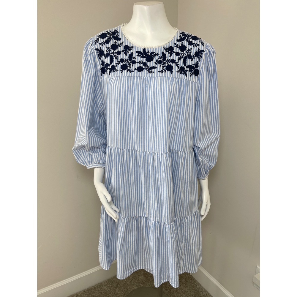 Crown & Ivy Blue White Striped Embroidered Tiered Babydoll Dress XL Pockets